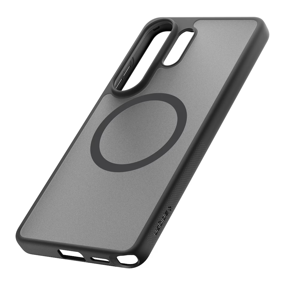 Custodia grigia per telefono con bordo nero e anello magnetico.