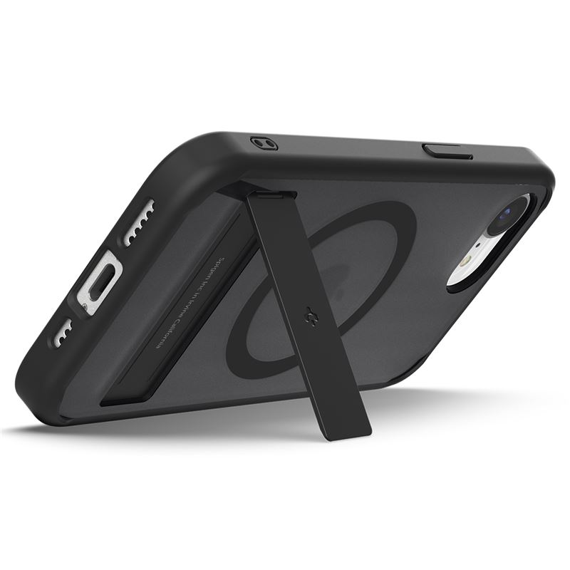 Black phone case with integrated kickstand, viewed from the back.
