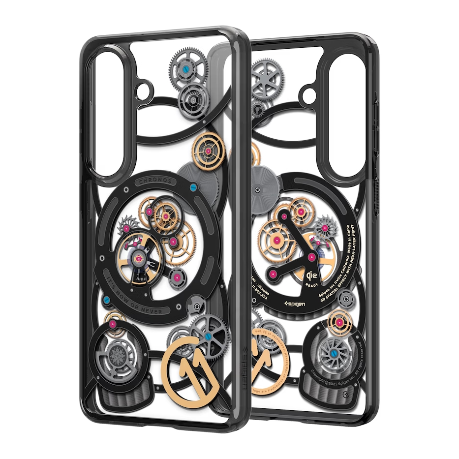 Due cover trasparenti per telefono con design a ingranaggi. Ingranaggi neri e dorati con accenti blu.