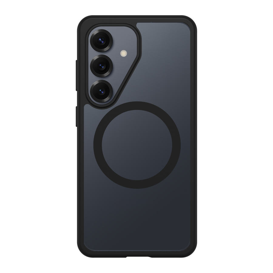 Dunkelgraues Handy mit drei Kameras und Ring auf der Rückseite.