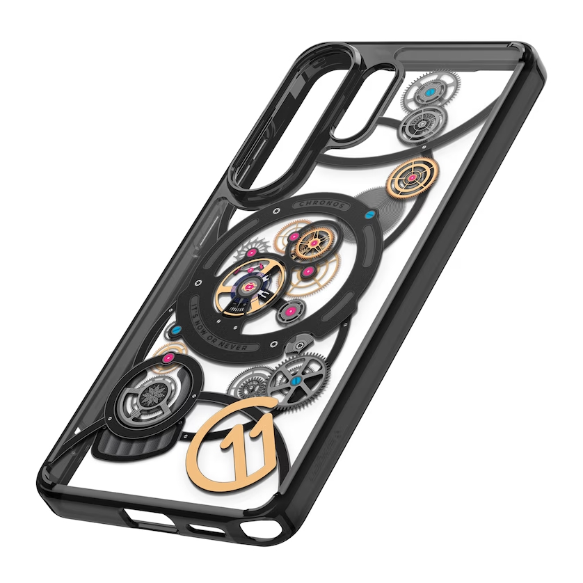 Schwarze Handyhülle mit mechanischem Uhrwerk-Design, Zahnrädern und der Zahl 11.
