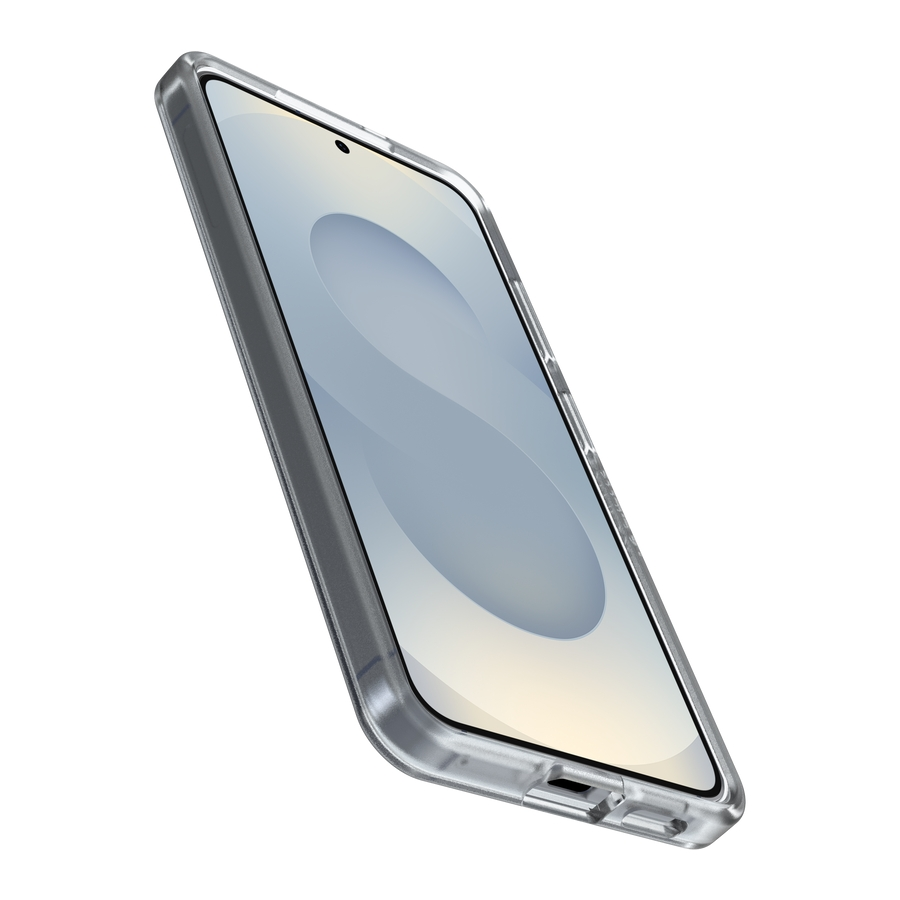Una custodia trasparente per telefono con bordo grigio, isolata su sfondo bianco.