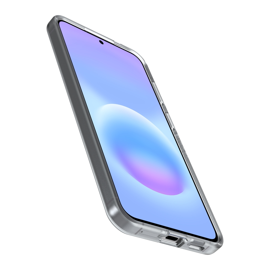 A transparent phone case with a silver edge, set against a white background.