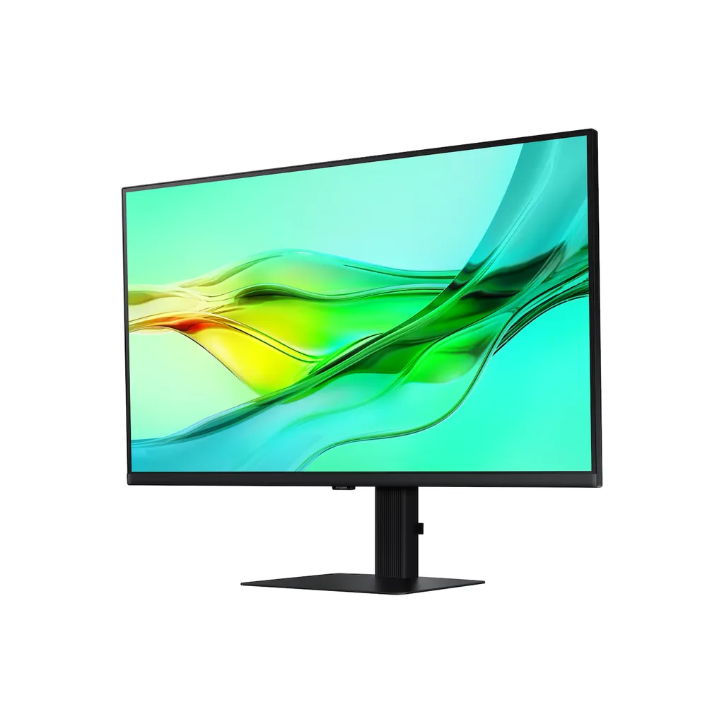 Ekranında soyut yeşil ve sarı desen gösteren siyah bir monitör.
