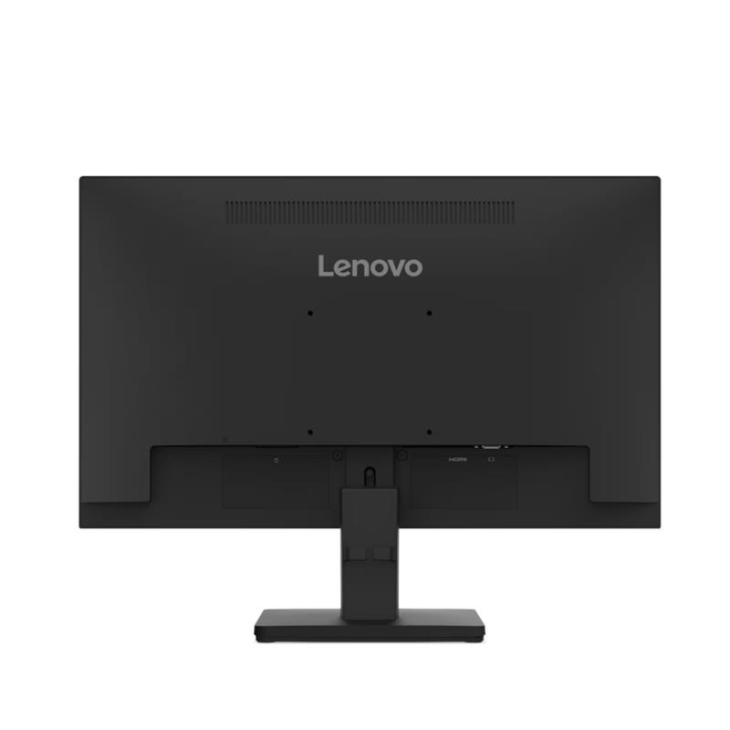Bağlantı noktaları ve standı olan siyah bir Lenovo monitörün arka görünümü.