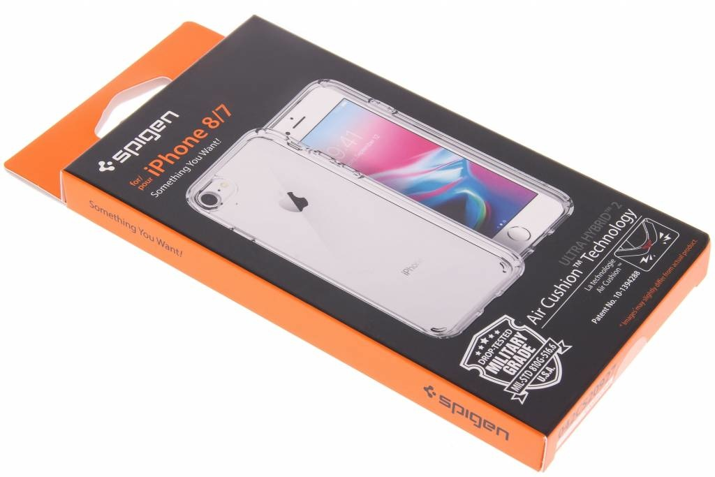 Scatola per custodia Spigen iPhone 8/7 con telefono trasparente.