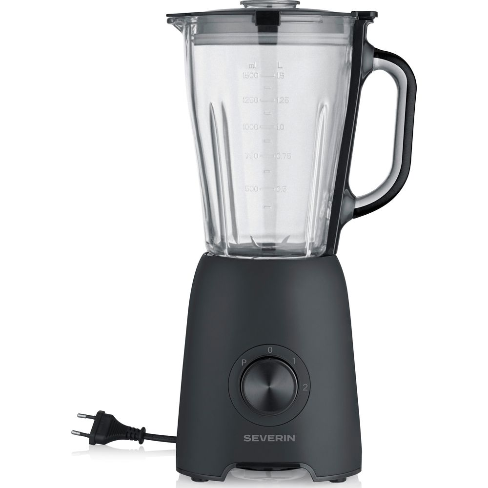 Ein schwarzer Standmixer mit Glasbehälter und Messskala.