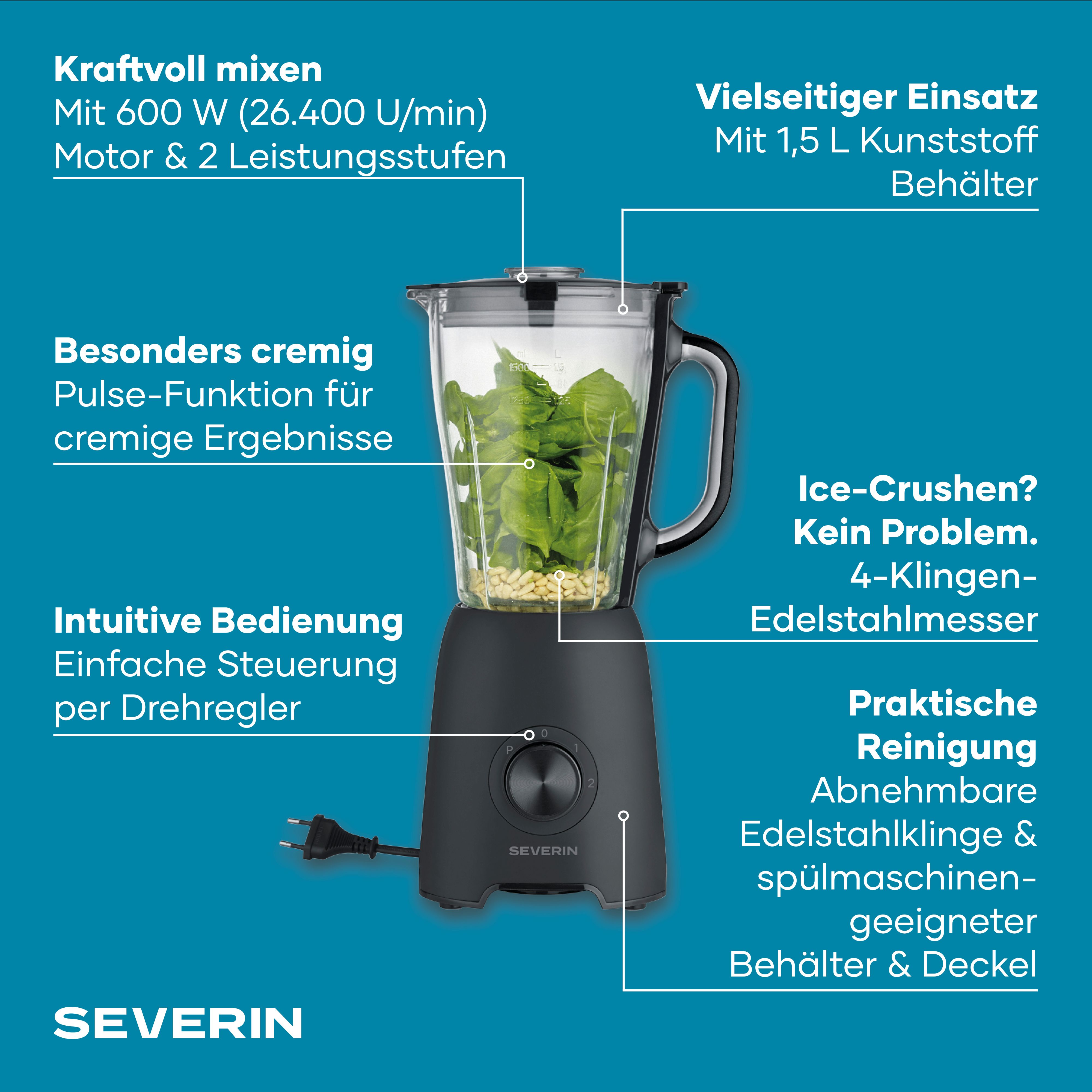 Ein schwarzer Severin Standmixer mit 1,5L Behälter, gefüllt mit Spinat und Pinienkernen.