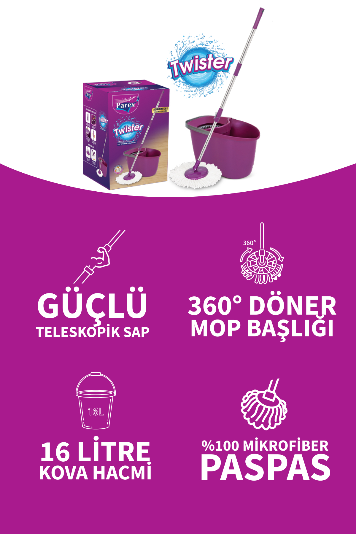 Mor Parex Twister paspas seti, kova, teleskopik sap ve mikrofiber başlığı içerir.