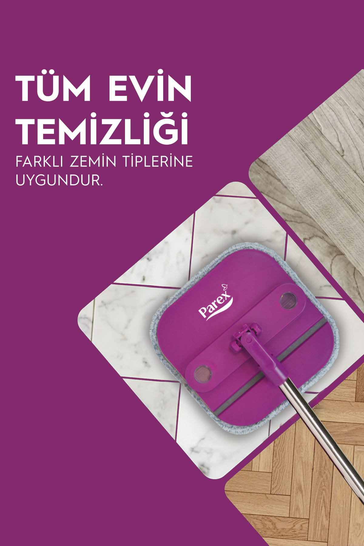 Mor saplı bir paspas mermer ve ahşap zeminde.