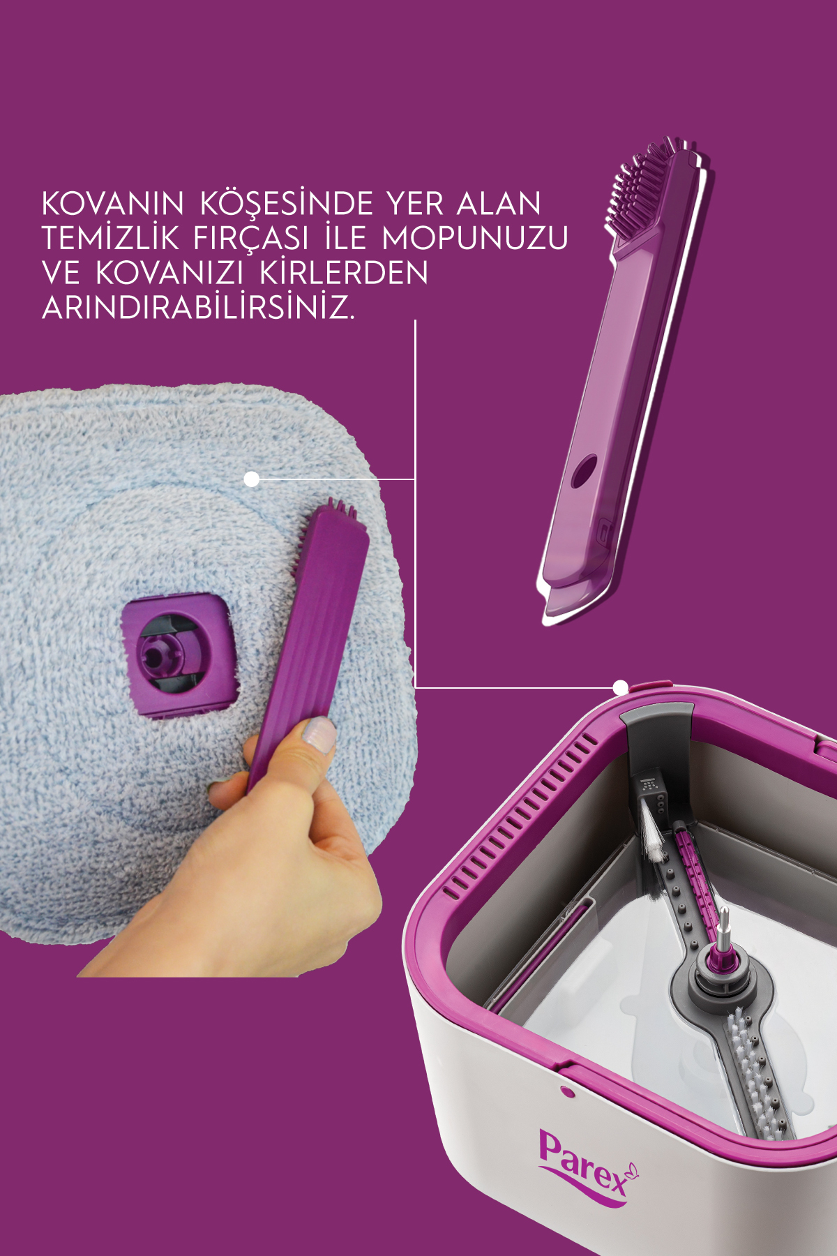 Mop ve kova temizlik fırçası. El fırçayı tutuyor.