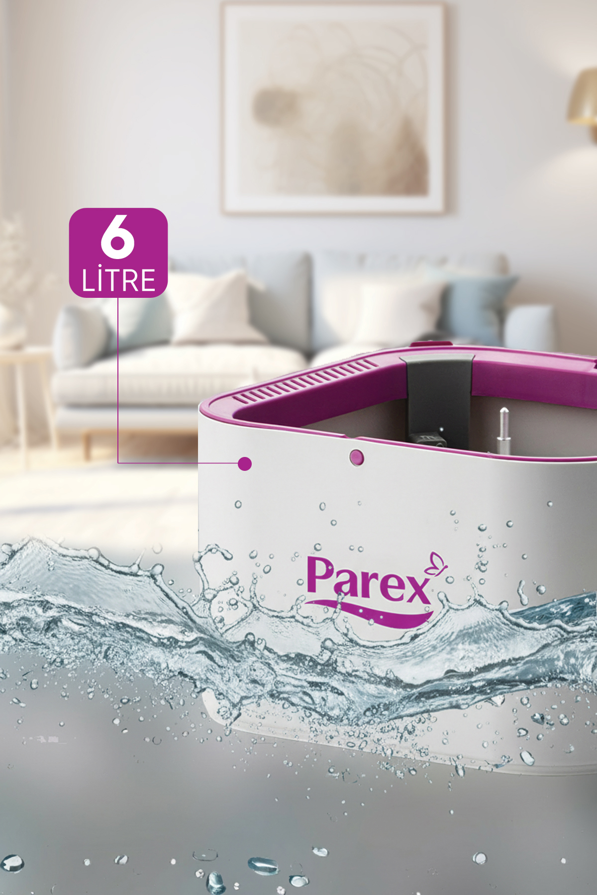 6 Litre yazılı ve Parex logolu beyaz ve mor kova.