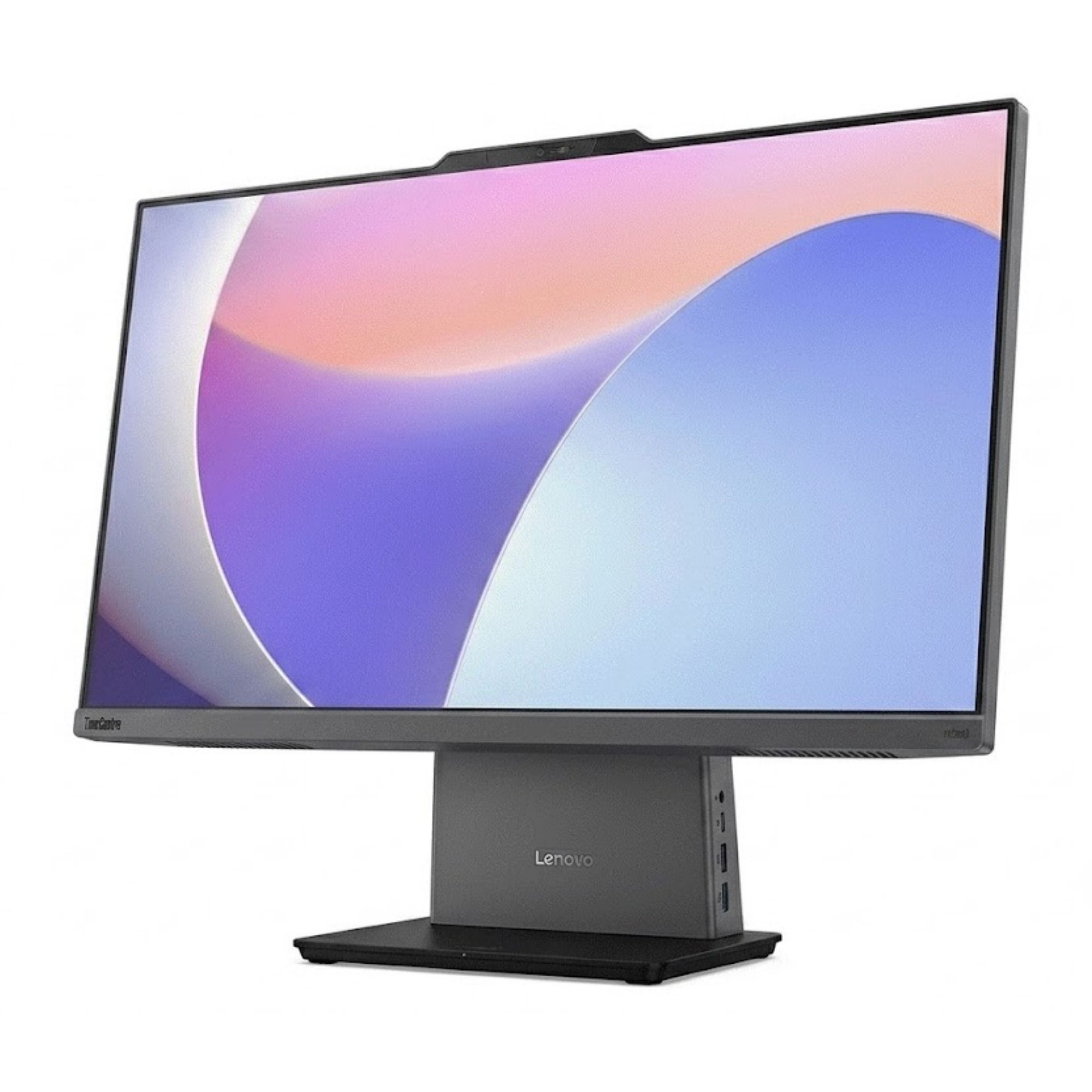 Koyu gri tabanlı ve stantlı modern bir Lenovo hepsi bir arada bilgisayar.