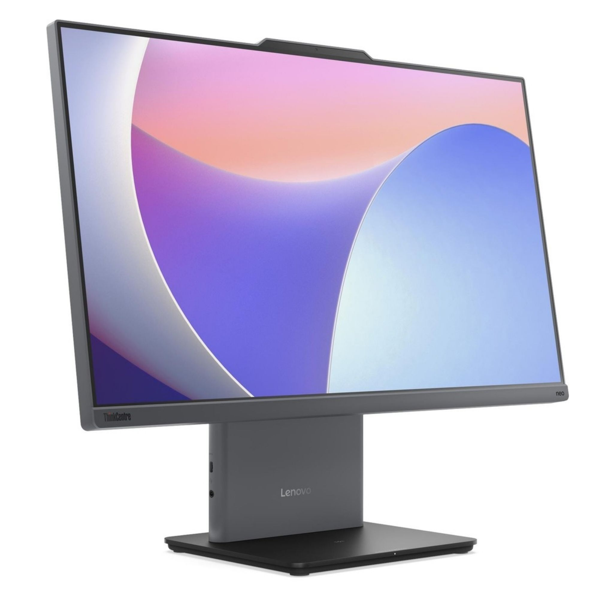 Soyut bir desen gösteren ekrana sahip gri bir Lenovo hepsi bir arada bilgisayar.