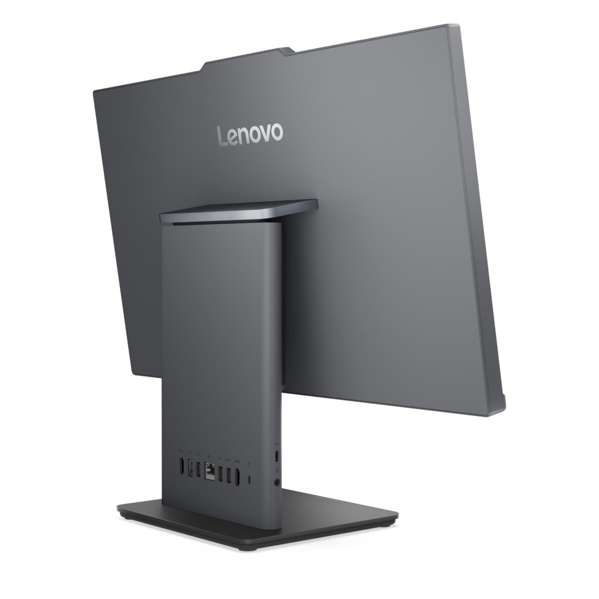Gri Lenovo Hepsi Bir Arada bilgisayar, bağlantı noktalarını gösteren arka görünüm.
