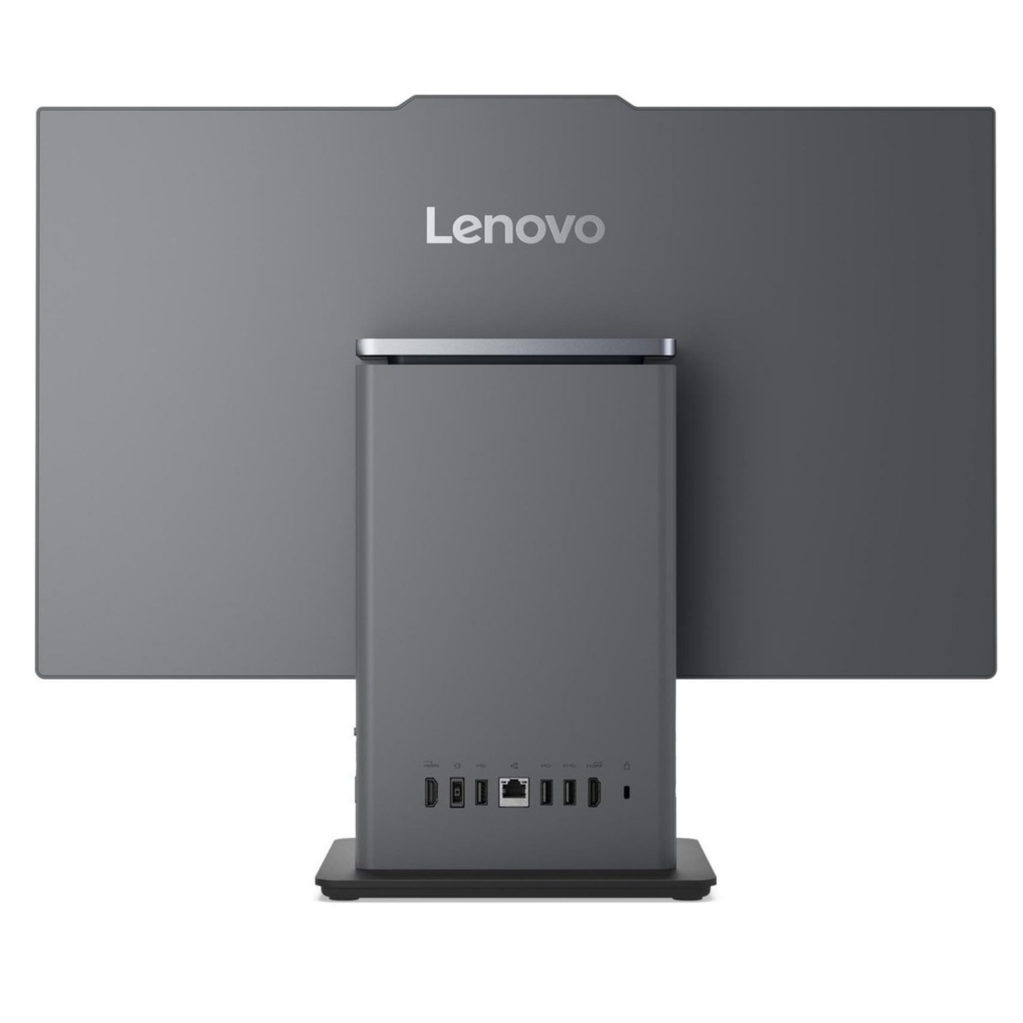 Gri Lenovo hepsi bir arada bilgisayarın arkası, bağlantı noktaları görünüyor.