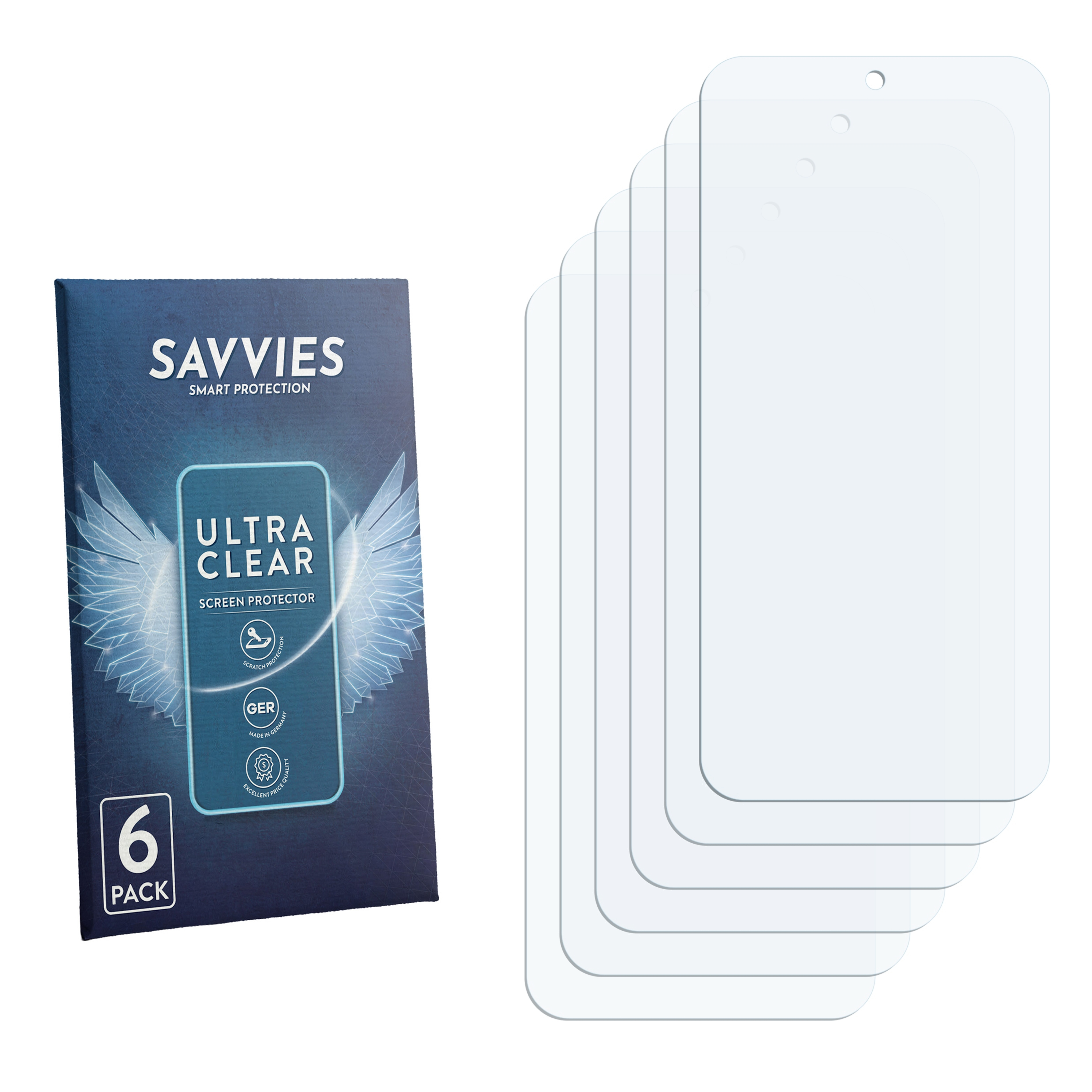 Schutzfolien-Packung mit 6 Stück und 5 einzelnen Displayschutzfolien.