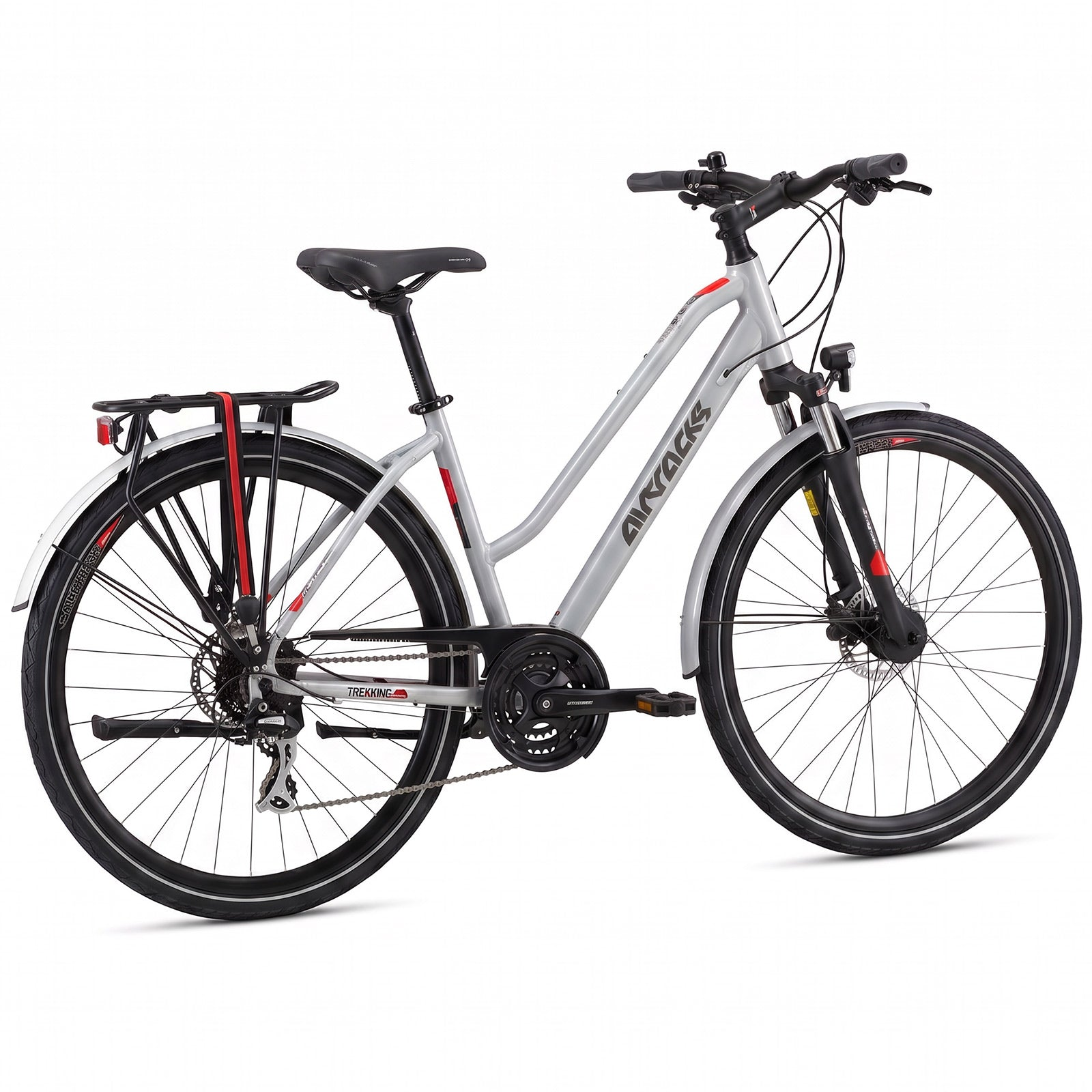 Ein graues Trekkingrad mit Gepäckträger, Schutzblechen und Scheinwerfer.