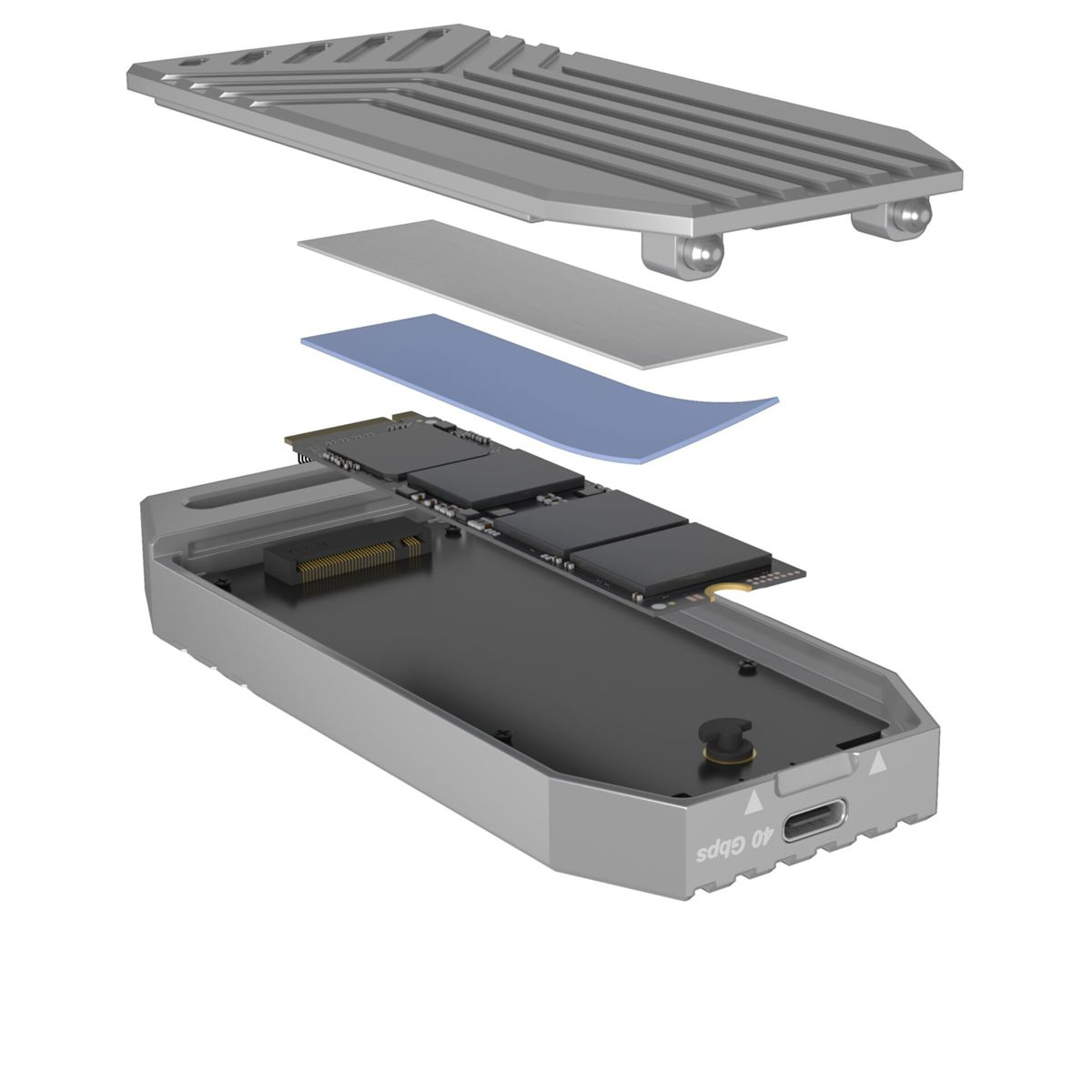 Vista esplosa di un enclosure SSD grigio con circuito stampato, chip e pad termici.