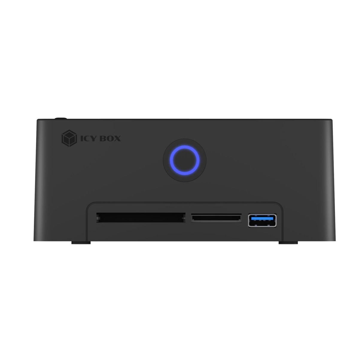 Appareil ICY BOX noir avec cercle bleu et port USB.
