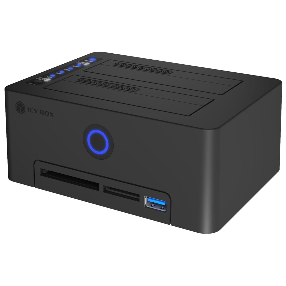 Appareil ICY BOX noir avec deux baies de disque, lecteur de carte et port USB.