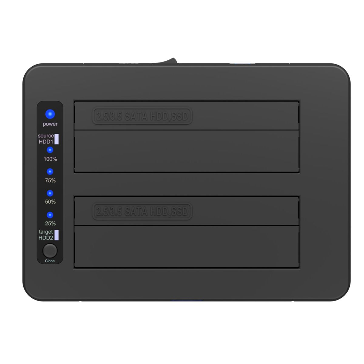 Duplicateur HDD/SSD noir double baie avec voyants et bouton clone.