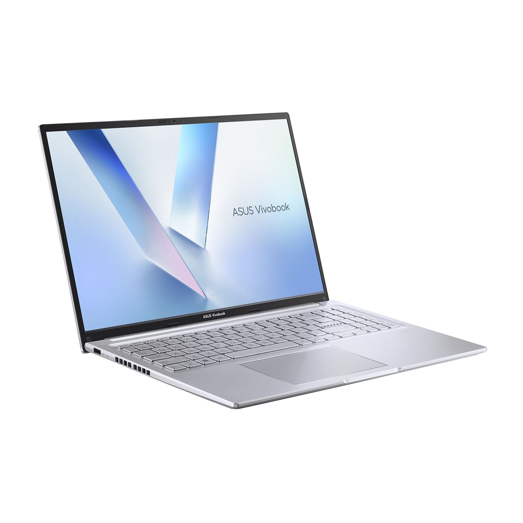 Un laptop ASUS Vivobook argentato aperto, con tastiera e touchpad su sfondo bianco.