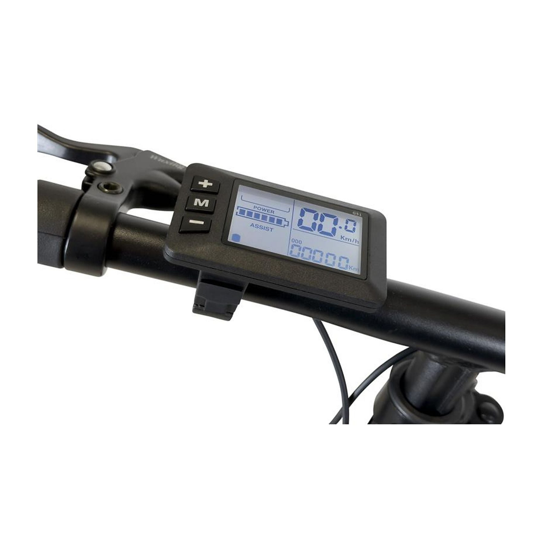 Un display per e-bike con pulsanti, che mostra velocità e contachilometri.