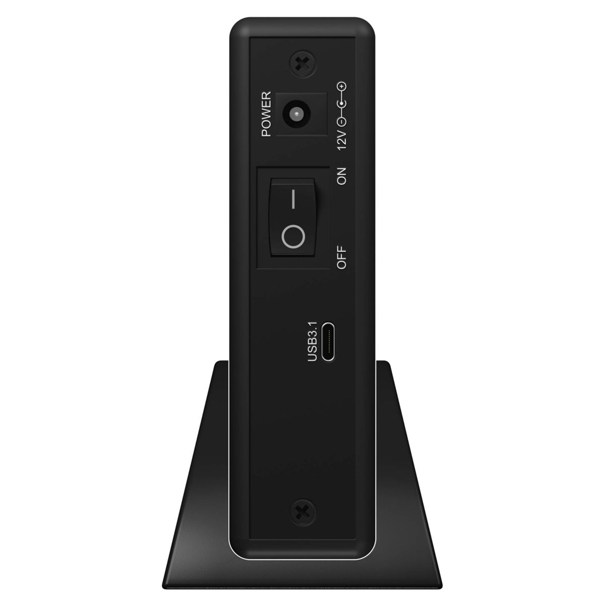 Schwarzes Gerät mit Ein-/Aus-Schalter, USB 3.1 und Stromanschluss auf Ständer.