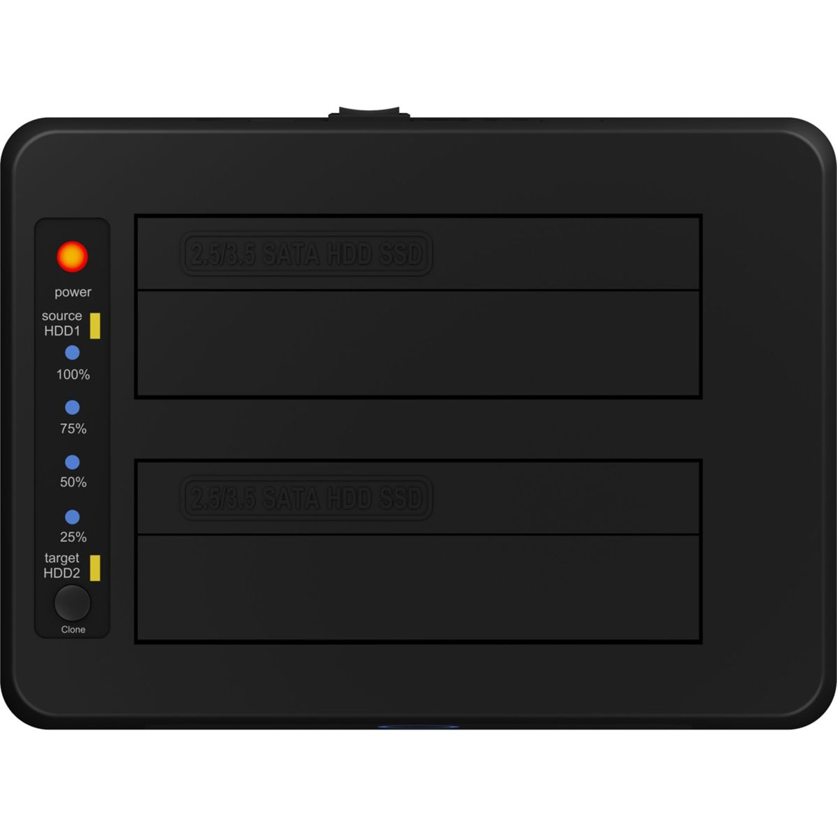Box esterno nero per hard disk a doppio alloggiamento con spie e pulsante di clonazione.