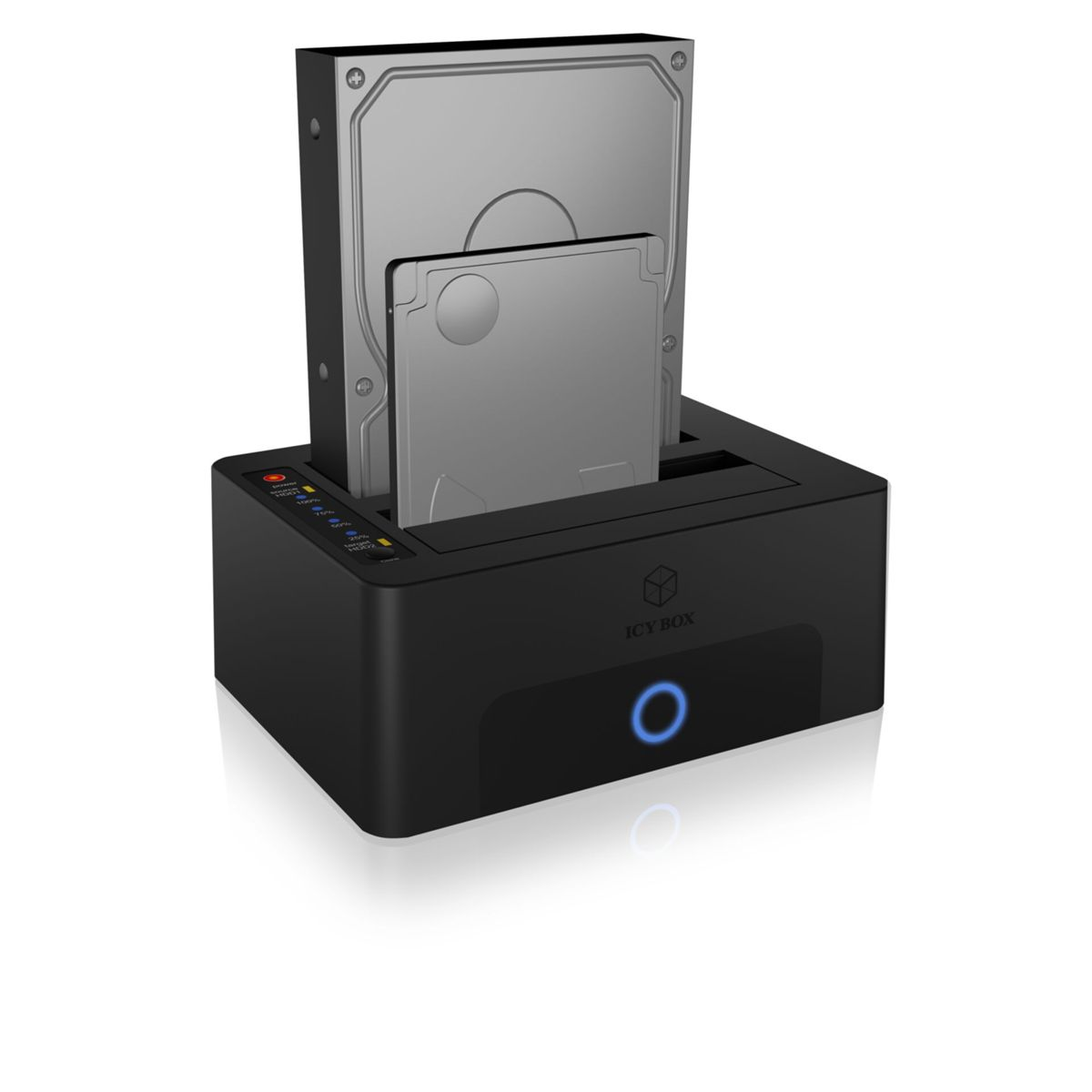 Stazione di docking nera con due hard disk, uno grande e uno piccolo.