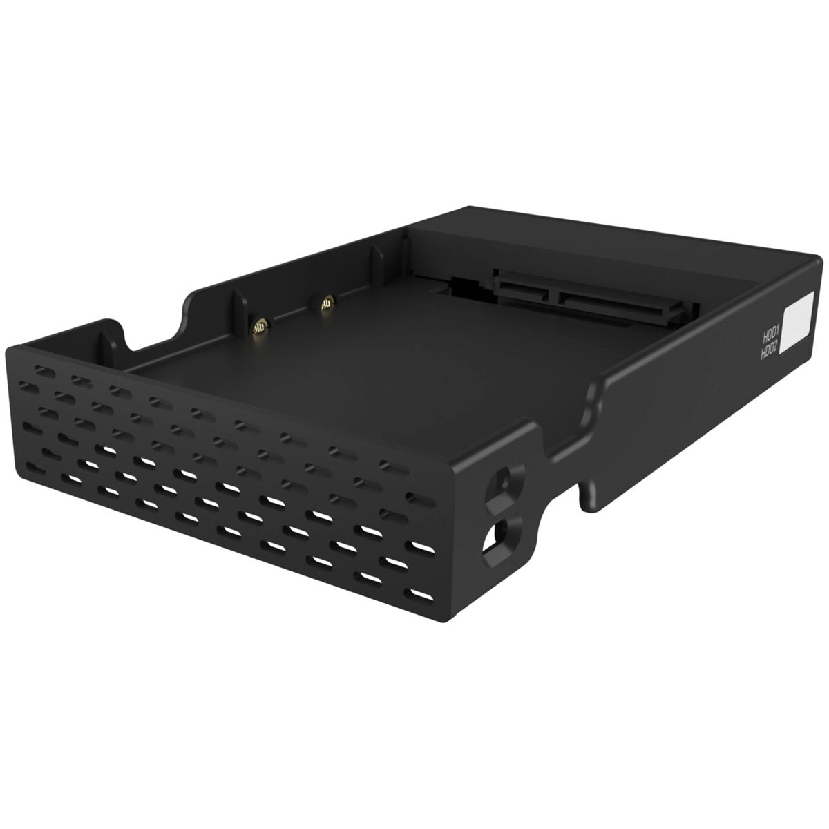 Staffa di montaggio nera per HDD da 3,5 pollici con fessure di ventilazione e connettori.