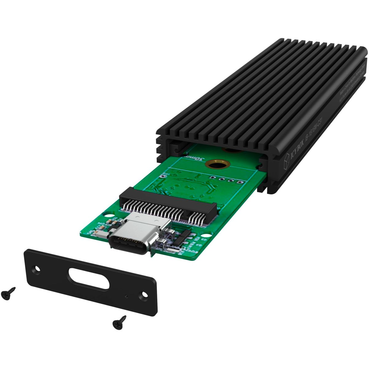 Ein schwarzer Kühlkörper bedeckt teilweise eine grüne Platine mit USB-C-Anschluss.