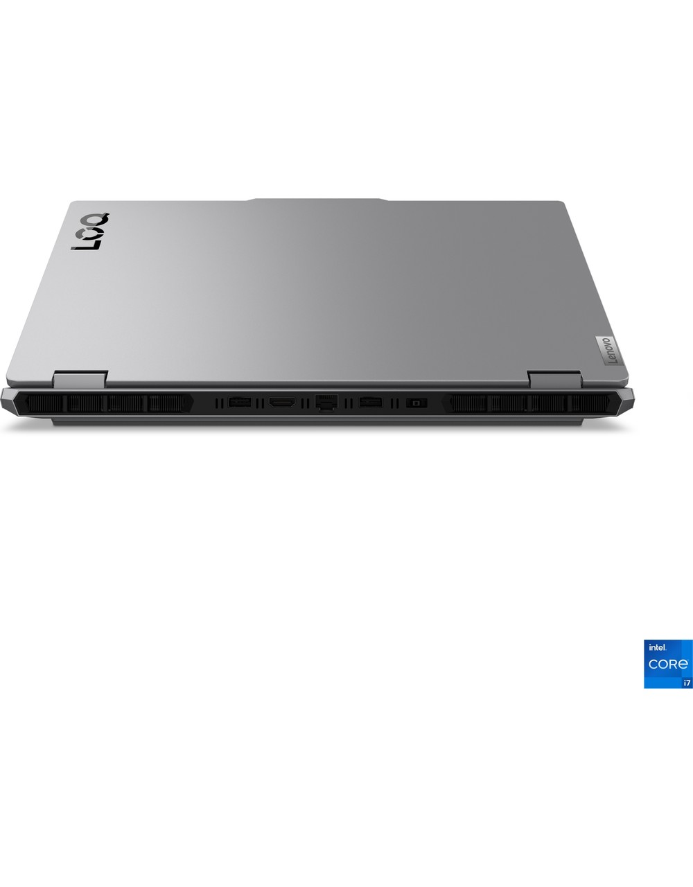 Yanlarda havalandırma delikleri ve bağlantı noktalarına sahip gri Lenovo oyun dizüstü bilgisayarı.