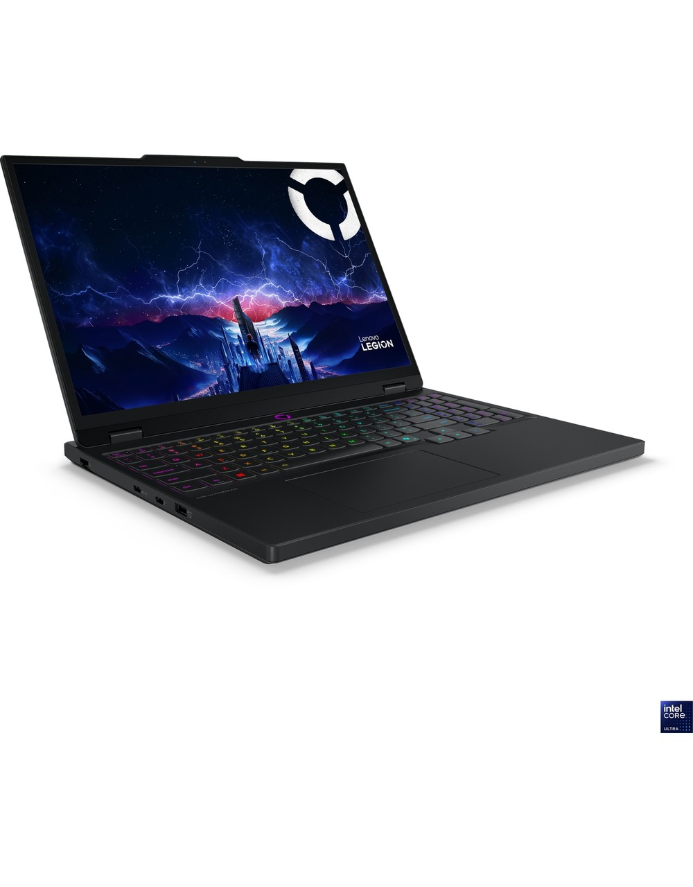 Renkli klavyeli siyah Lenovo Legion dizüstü bilgisayar ve ekranda fırtınalı dijital sanat.