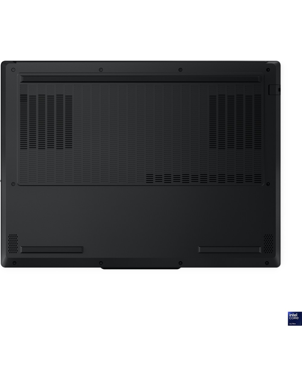 Havalandırma delerine ve Intel Core Ultra logosuna sahip siyah dizüstü bilgisayarın altı.