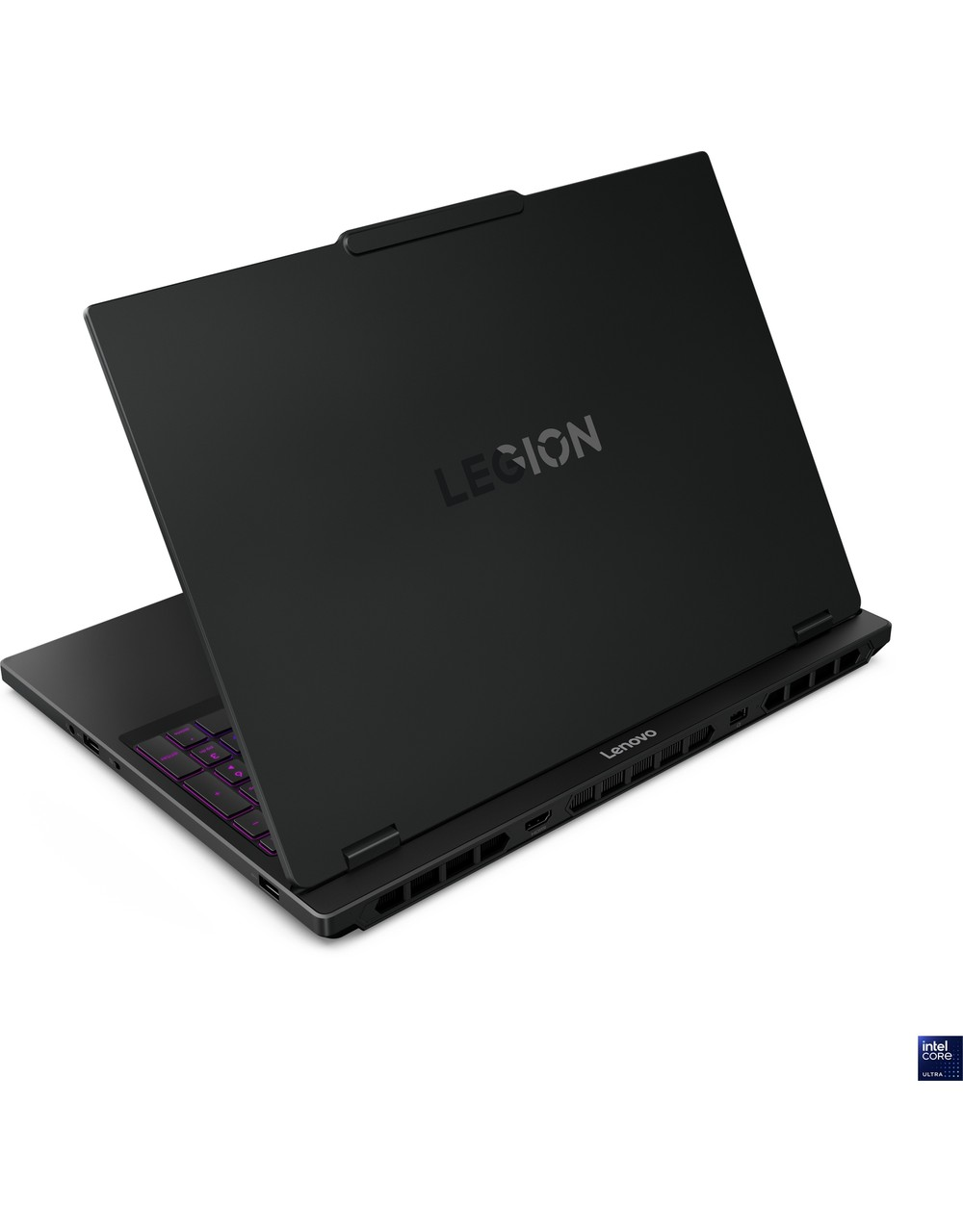 Aydınlatmalı klavyeli ve Intel Core Ultra logolu, açık siyah Lenovo Legion dizüstü bilgisayar.
