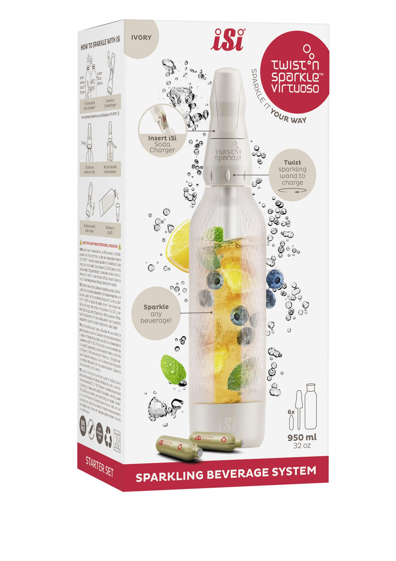 Una macchina per acqua frizzante iSi con limone, mirtilli e menta. Istruzioni sulla confezione.