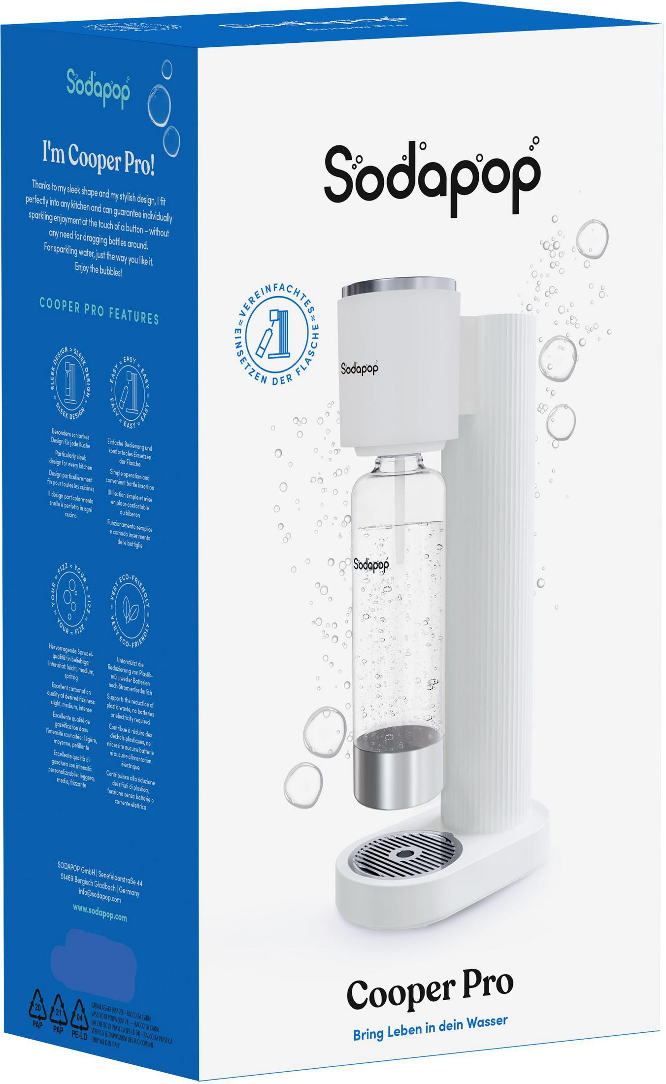 Un Sodastreamer bianco con bottiglia di vetro, che produce acqua frizzante.