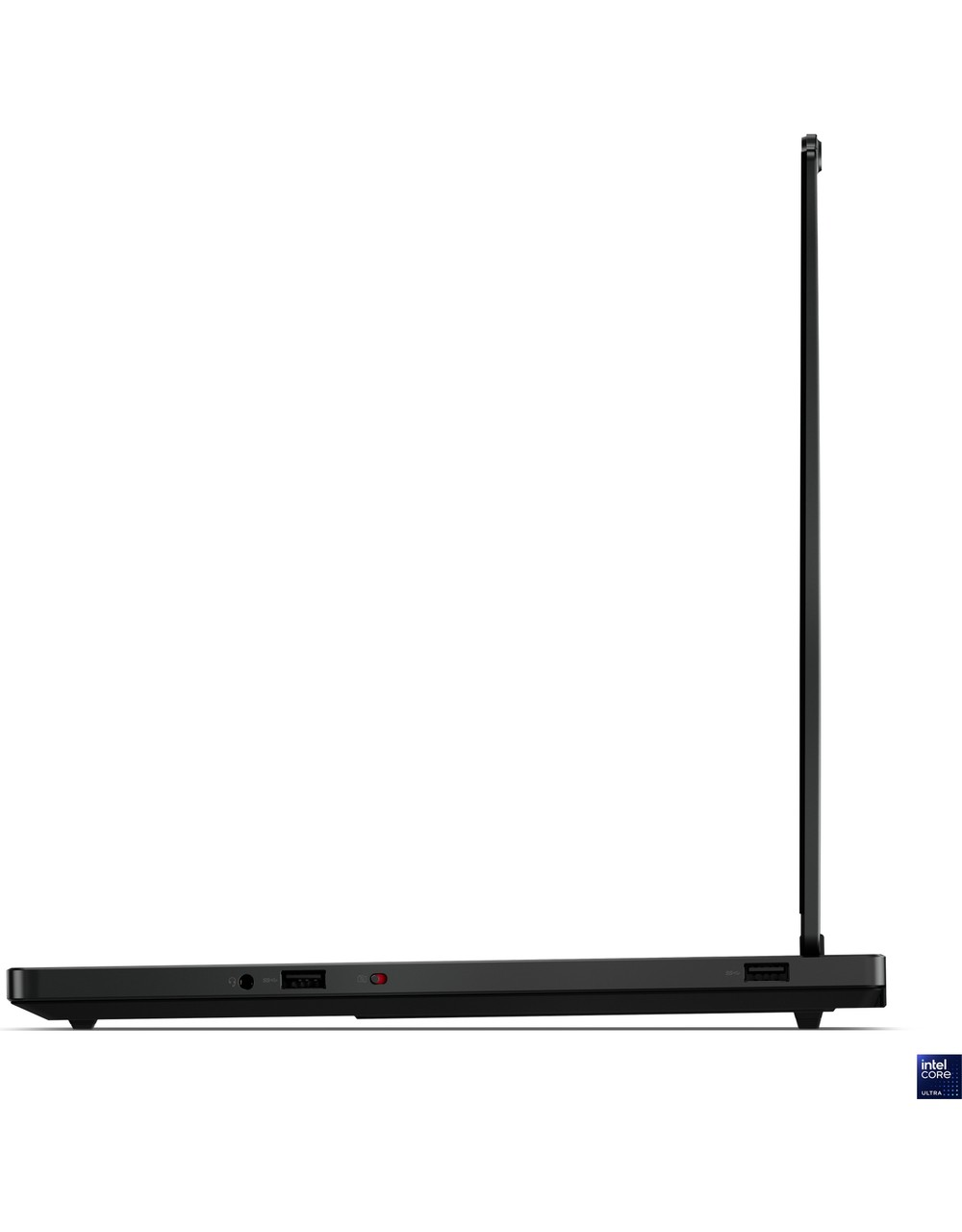 Açık siyah dizüstü bilgisayarın yan görünümü, portlar ve Intel Core Ultra logosu görünüyor.