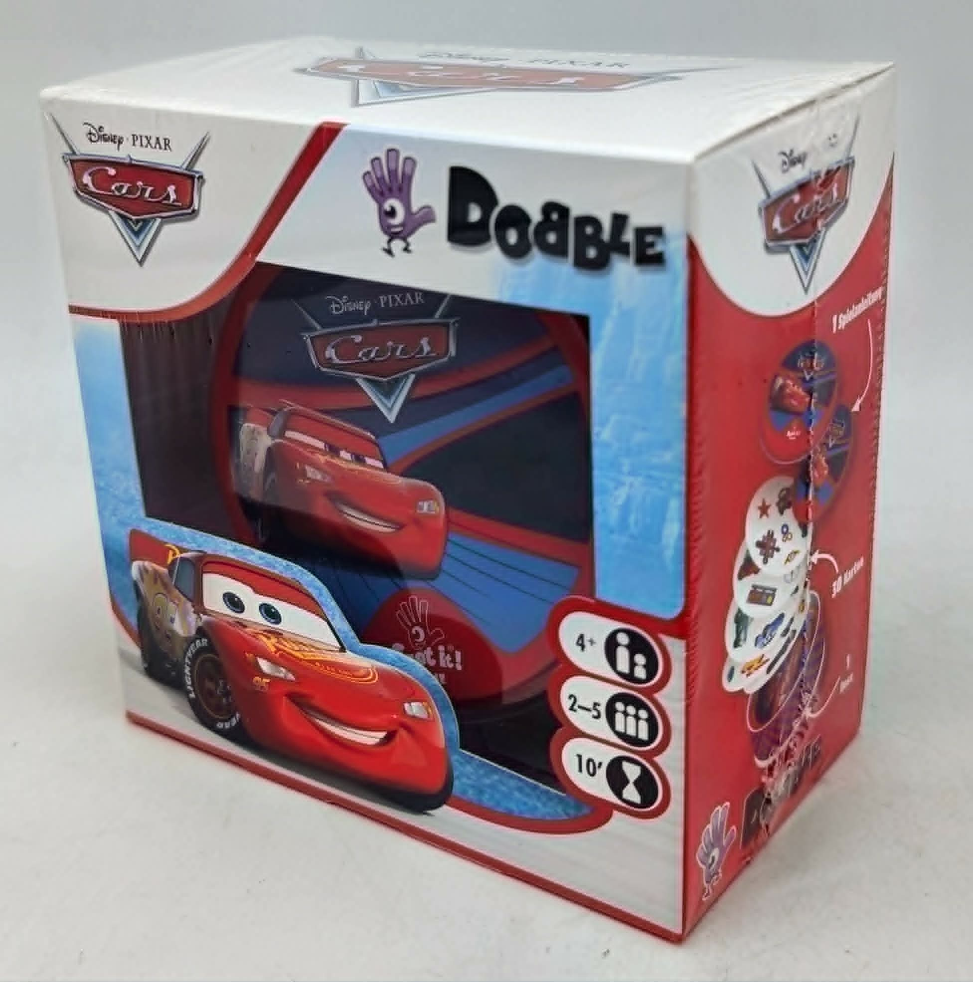 Dobble Cars Spielschachtel mit Lightning McQueen und Spielinformationen.