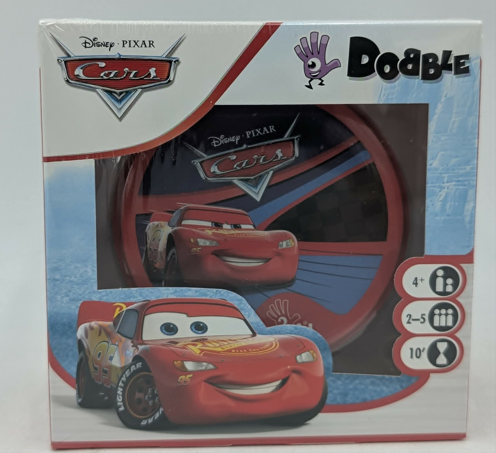 Dobble Cars Spielschachtel mit Lightning McQueen und Spielinfos.