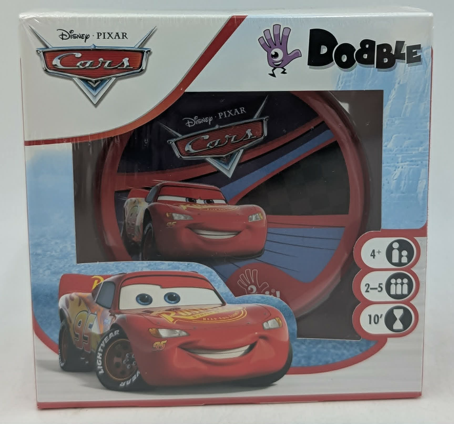 Verpackung des Disney Pixar Cars Dobble-Spiels mit Lightning McQueen.