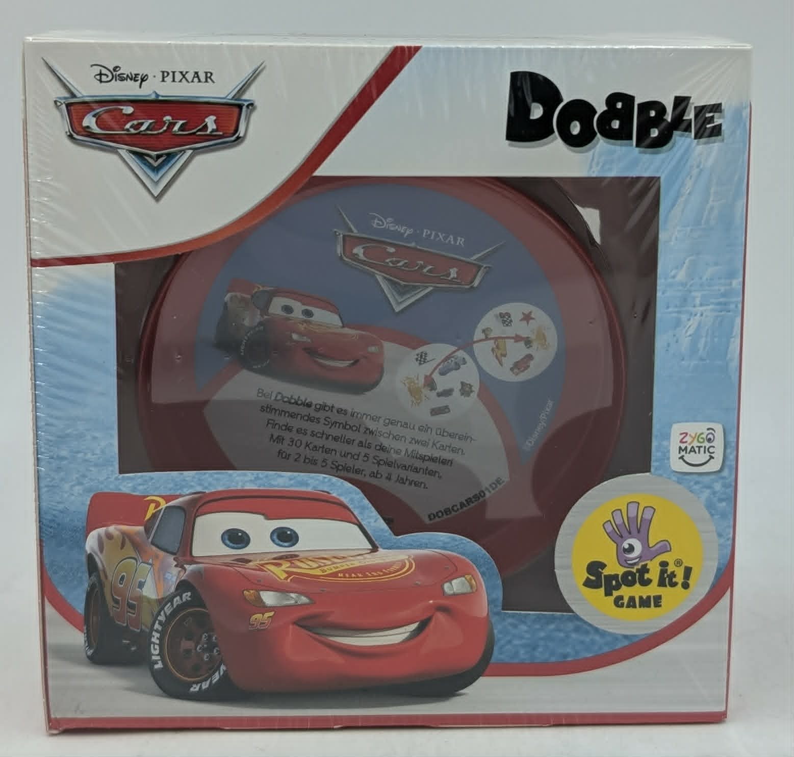 Disney Pixar Cars Dobble Spielbox mit Lightning McQueen und Symbolen.