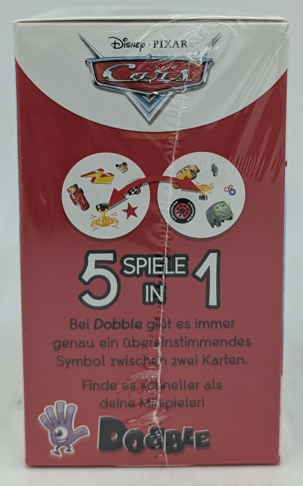 Disney Pixar Cars Dobble Spielverpackung mit Symbolen und Spielinformationen.