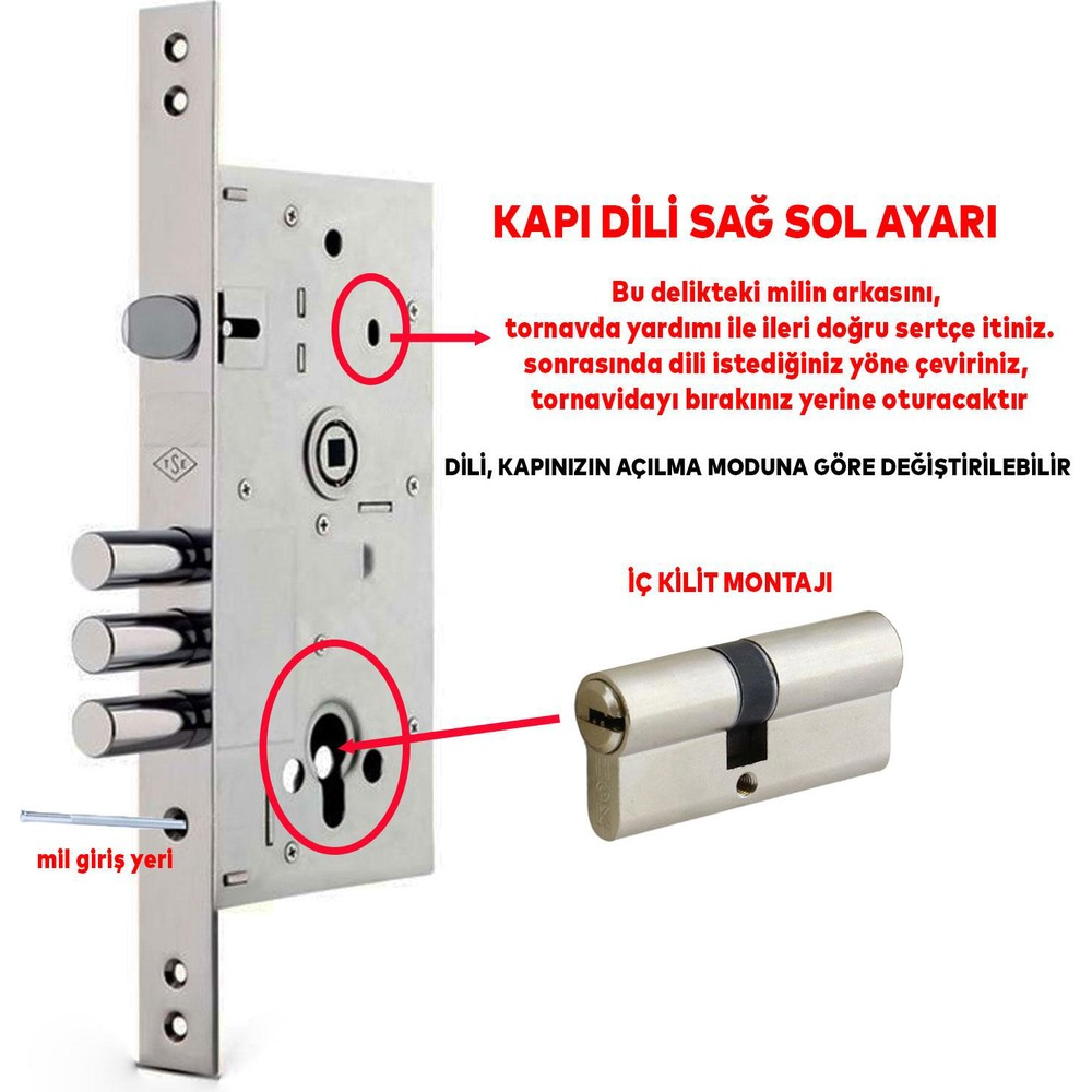 Kapı dili sağ/sol ayarı: silindiri tak, dili çevir, yerine oturt.