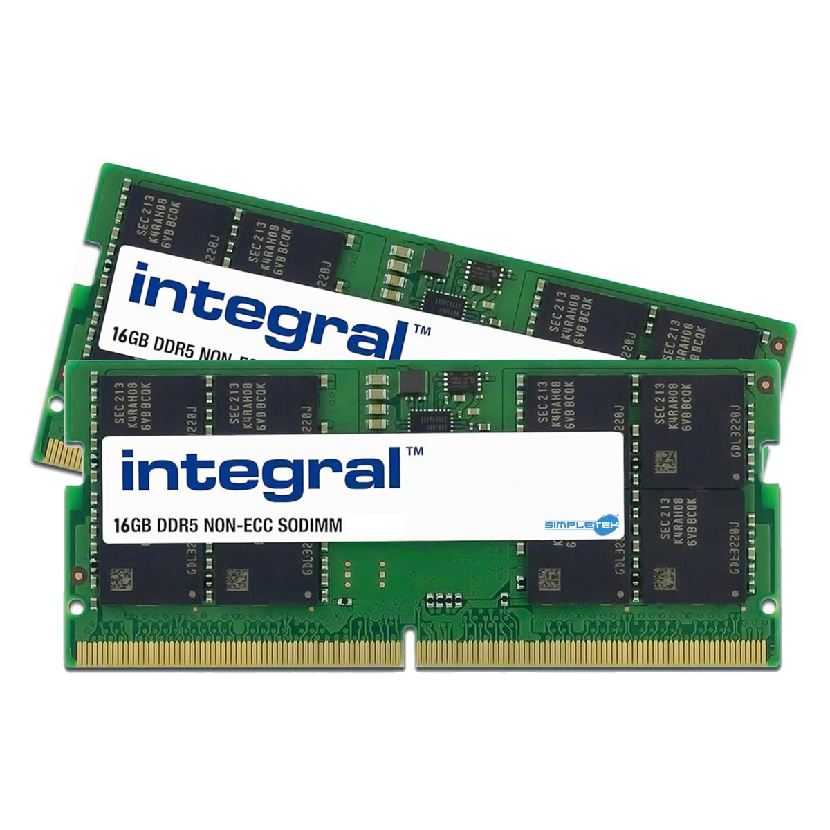 Due moduli RAM verdi Integral 16GB DDR5 NON-ECC SODIMM su sfondo bianco.