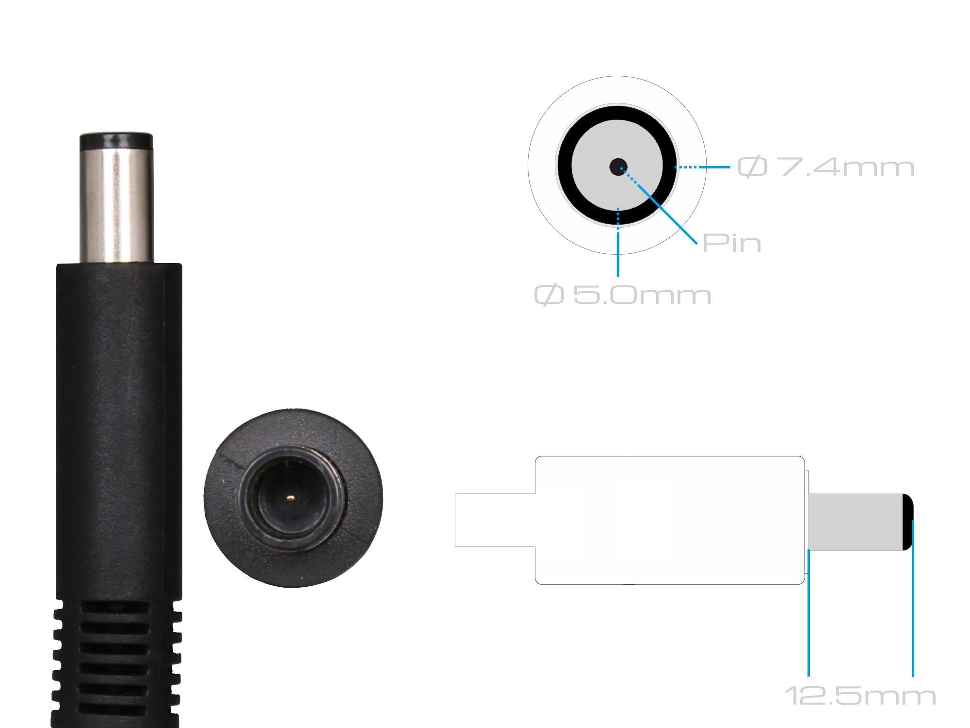 Details eines schwarzen Netzsteckers mit Maßen und schematischer Darstellung.