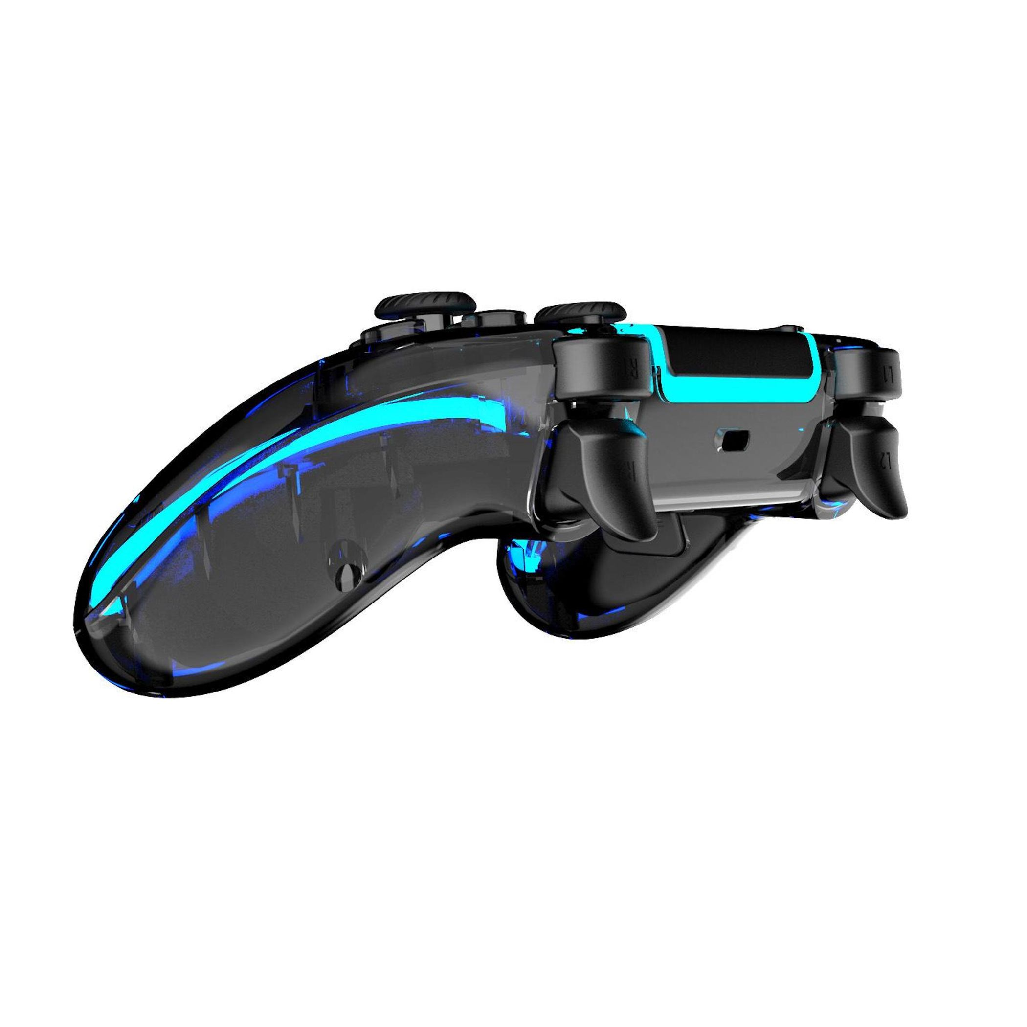 Transparenter Controller mit blauen Lichtern und schwarzen Knöpfen.