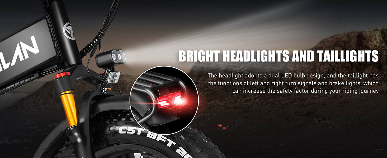 Parte anteriore di bici elettrica con fari LED doppi luminosi e fanali posteriori rossi.